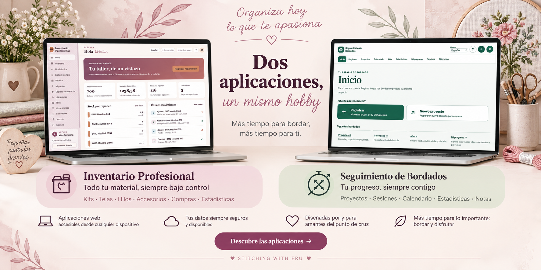 Inventario Profesional y Seguimiento de Bordados, dos aplicaciones web para organizar tus materiales y tus proyectos de punto de cruz.